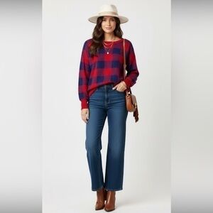 Canyon River Vintage Blue & Red Checkered Crewneck Light Sweater